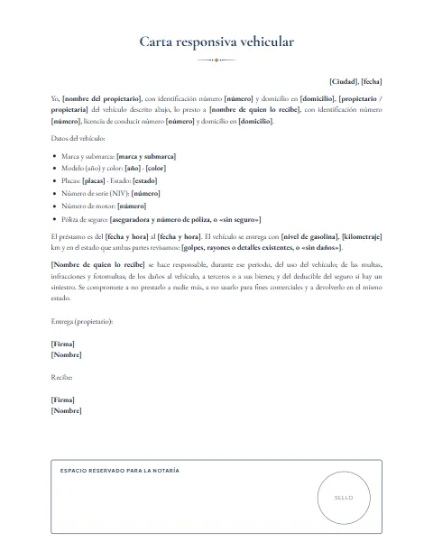 Carta Responsiva Vehicular: diseño Para notaría