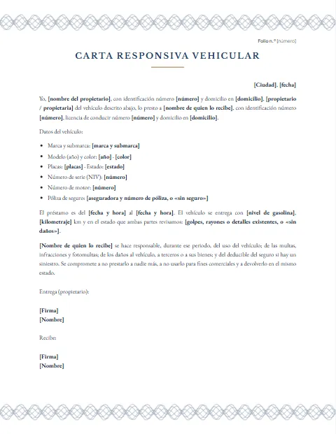 Carta Responsiva Vehicular: diseño Papel de seguridad