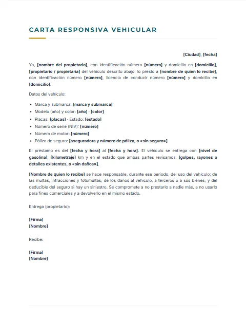 Carta Responsiva Vehicular: diseño Sobrio