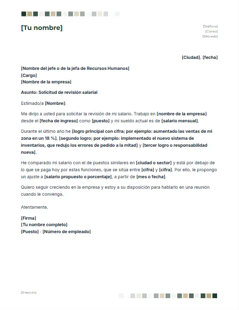 Carta para Solicitar Aumento de Sueldo: diseño Cuadros