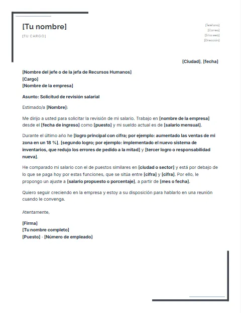 Formato de carta para solicitar aumento de sueldo