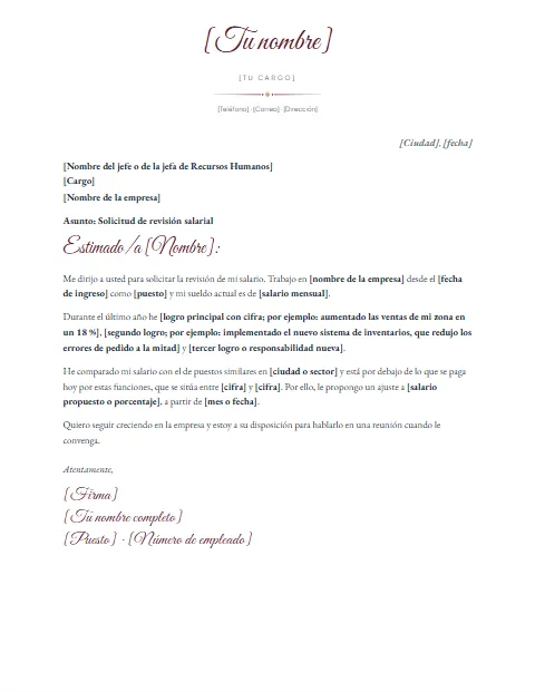 Carta para Solicitar Aumento de Sueldo: diseño Nombre en firma