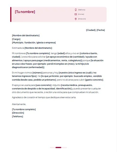 Carta de Solicitud de Ayuda: diseño Tarjeta