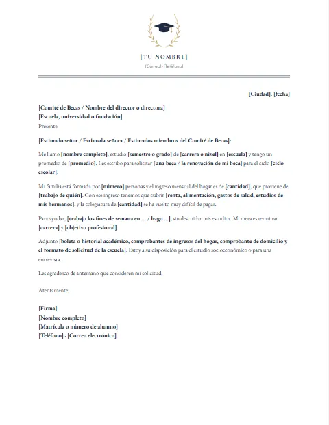 Formato de Carta de Solicitud de Beca para descargar en Word