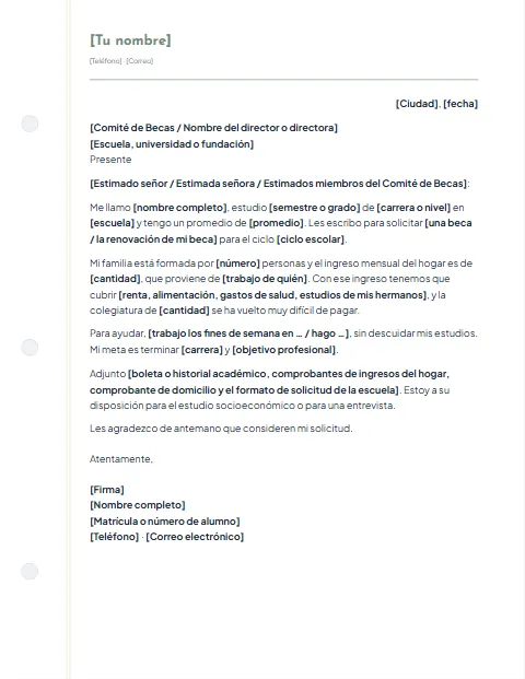 Carta de Solicitud de Beca: diseño Cuaderno