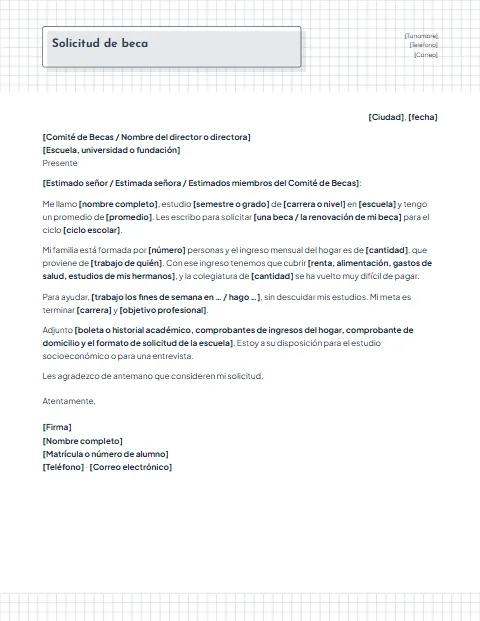 Carta de Solicitud de Beca: diseño Cuadriculado