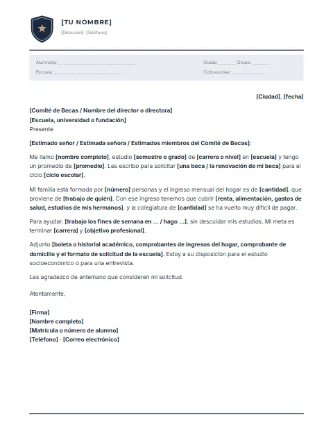 Carta de Solicitud de Beca: diseño Escudo escolar