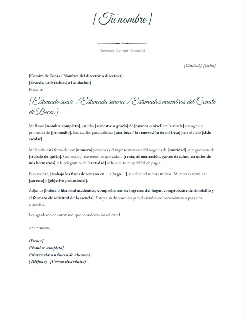 Carta de Solicitud de Beca: diseño Nombre en firma