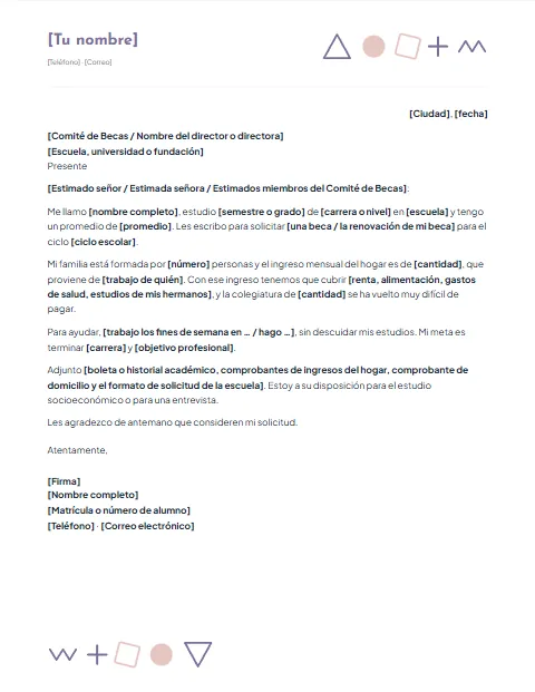Carta de Solicitud de Beca: diseño Formas