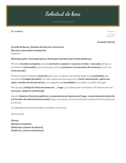 Carta de Solicitud de Beca: diseño Pizarra