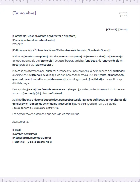 Carta de Solicitud de Beca: diseño Regla