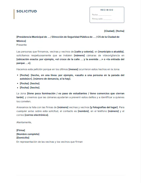 Formato de Carta para Solicitar Cámaras de Seguridad para descargar en Word