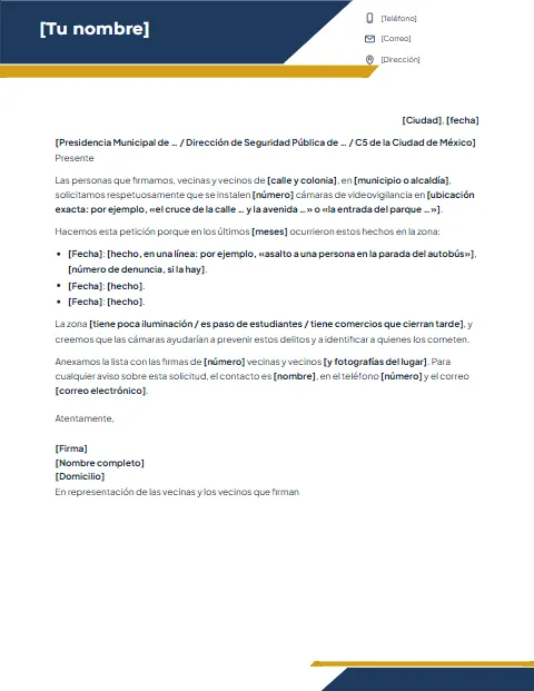 Carta para Solicitar Cámaras de Seguridad: diseño Banda