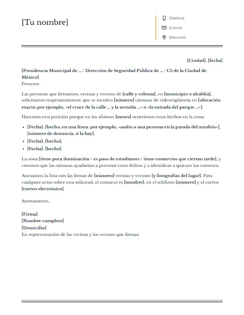 Carta para Solicitar Cámaras de Seguridad: diseño Columnas
