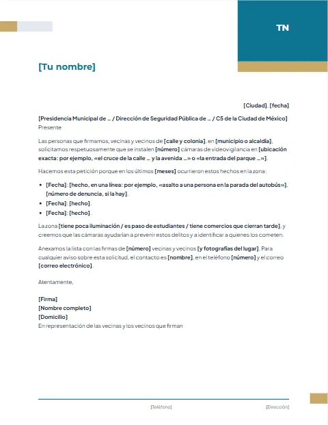 Carta para Solicitar Cámaras de Seguridad: diseño Corporativo