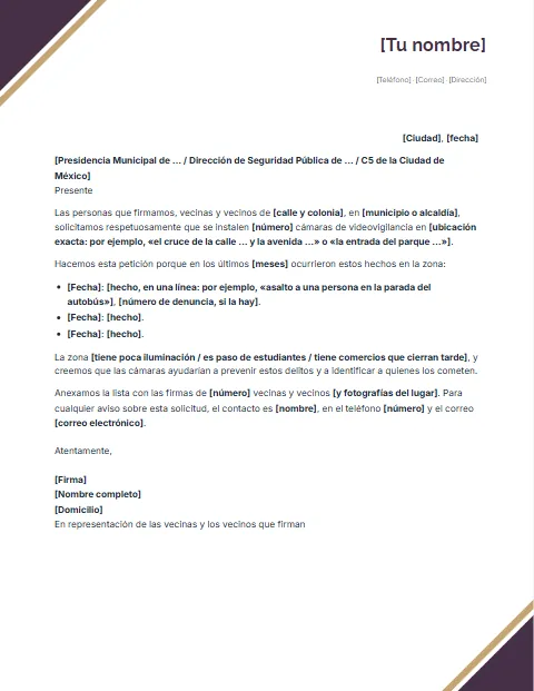 Carta para Solicitar Cámaras de Seguridad: diseño Esquinas