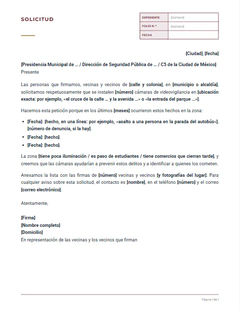 Carta para Solicitar Cámaras de Seguridad: diseño Expediente