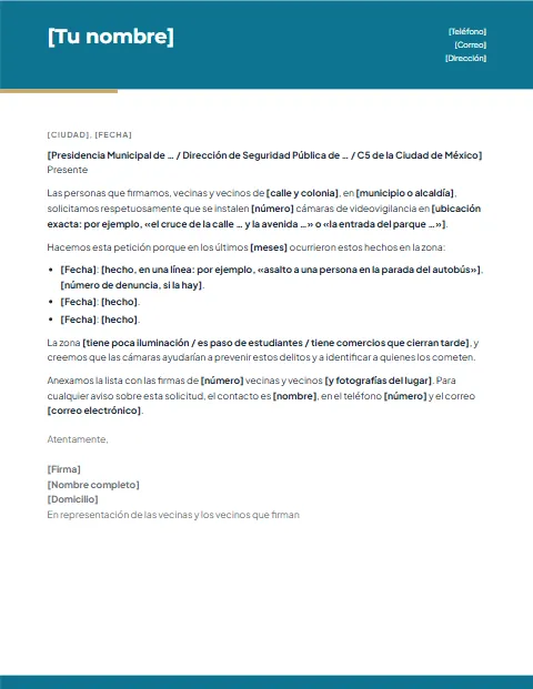 Carta para Solicitar Cámaras de Seguridad: diseño Moderno