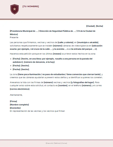 Carta para Solicitar Cámaras de Seguridad: diseño Oficio con banda