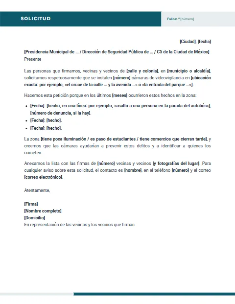 Carta para Solicitar Cámaras de Seguridad: diseño Encabezado partido