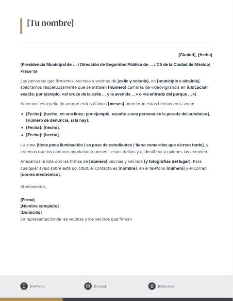 Carta para Solicitar Cámaras de Seguridad: diseño Pie con iconos