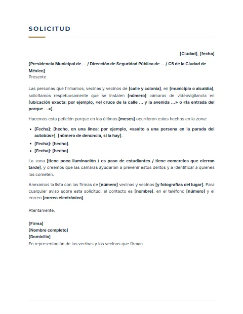 Carta para Solicitar Cámaras de Seguridad: diseño Sobrio