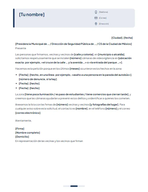 Carta para Solicitar Cámaras de Seguridad: diseño Tarjeta