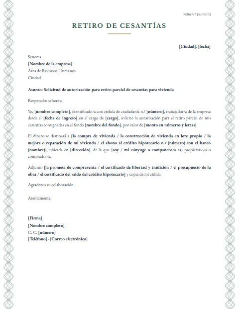 Carta para Retiro de Cesantías: diseño Certificado