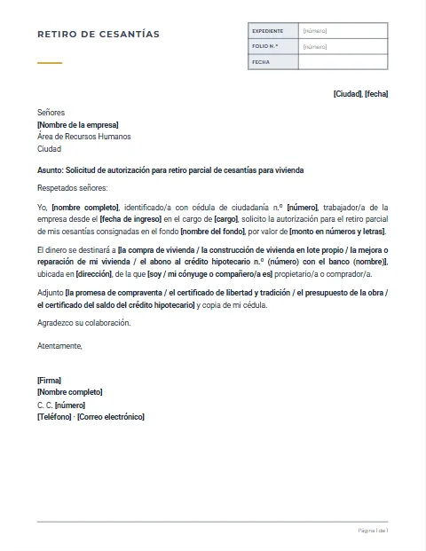 Carta para Retiro de Cesantías: diseño Expediente