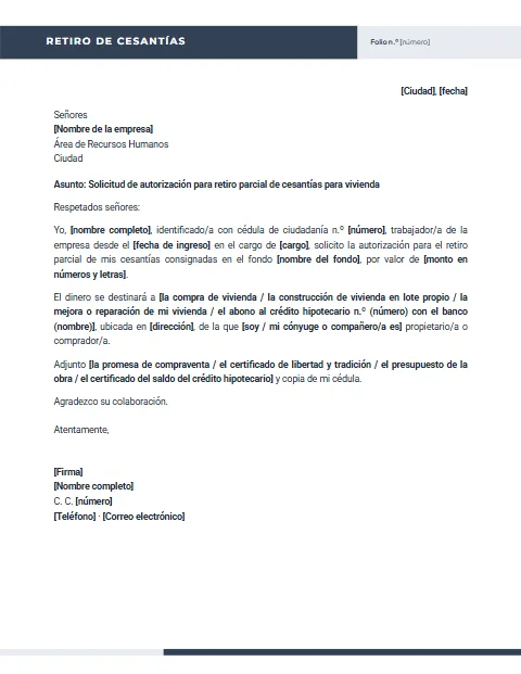 Carta para Retiro de Cesantías: diseño Encabezado partido