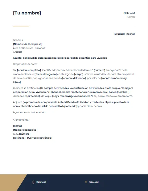 Carta para Retiro de Cesantías: diseño Pie corporativo
