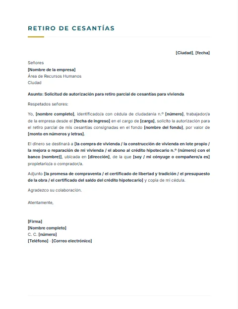 Carta para Retiro de Cesantías: diseño Sobrio