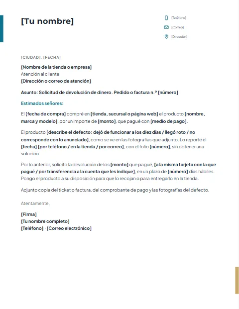 Carta de Solicitud de Devolución de Dinero: diseño Acento lateral