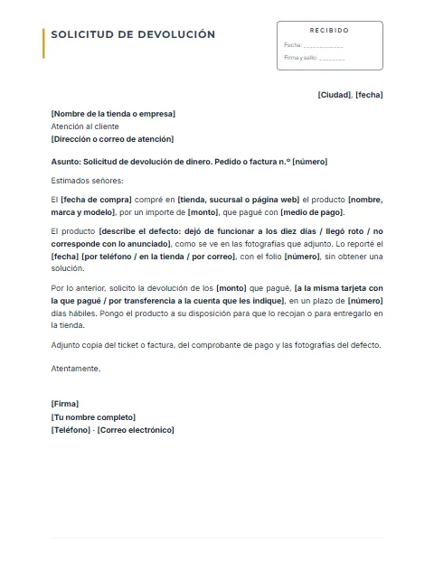 Carta de Solicitud de Devolución de Dinero: diseño Con acuse