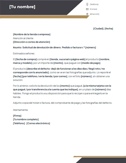 Carta de Solicitud de Devolución de Dinero: diseño Banda