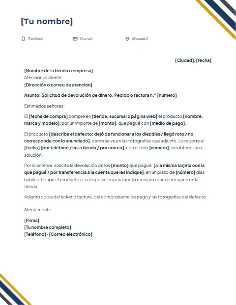 Carta de Solicitud de Devolución de Dinero: diseño Cintas