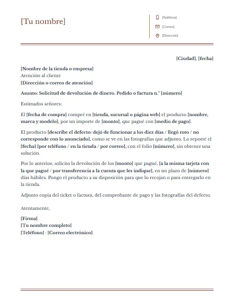 Carta de Solicitud de Devolución de Dinero: diseño Columnas
