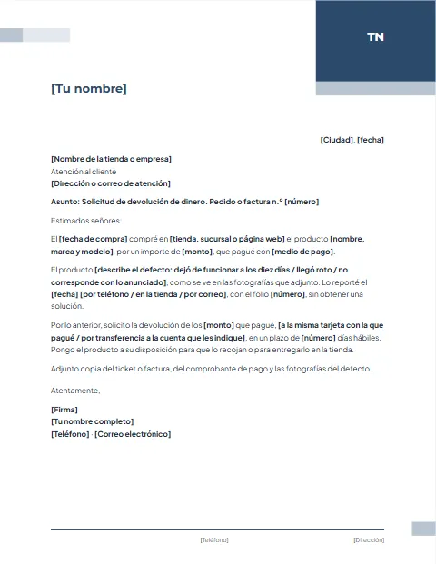 Carta de Solicitud de Devolución de Dinero: diseño Corporativo
