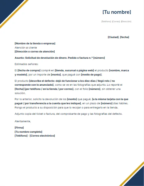 Carta de Solicitud de Devolución de Dinero: diseño Esquinas