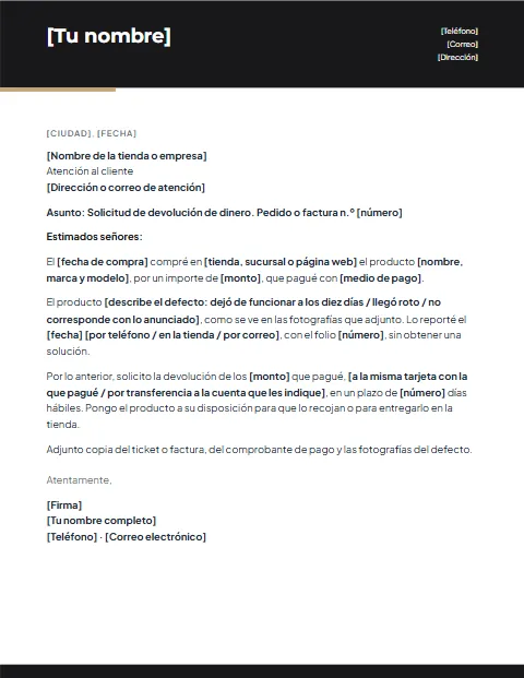 Carta de Solicitud de Devolución de Dinero: diseño Moderno
