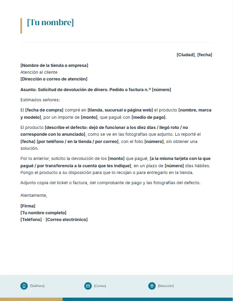 Formato de carta de solicitud de devolución de dinero