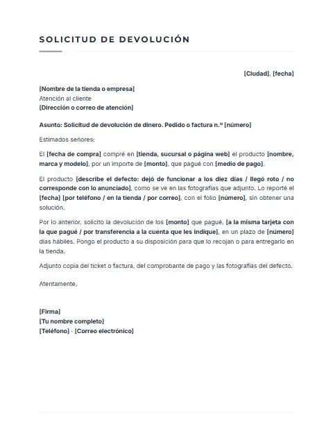 Carta de Solicitud de Devolución de Dinero: diseño Sobrio
