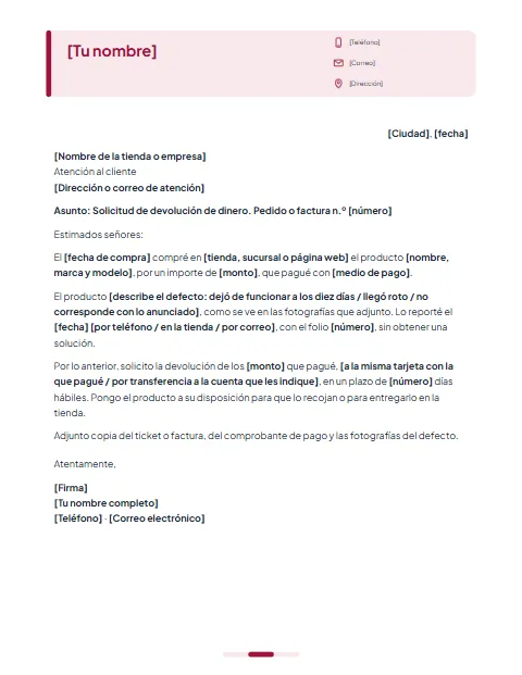 Carta de Solicitud de Devolución de Dinero: diseño Tarjeta