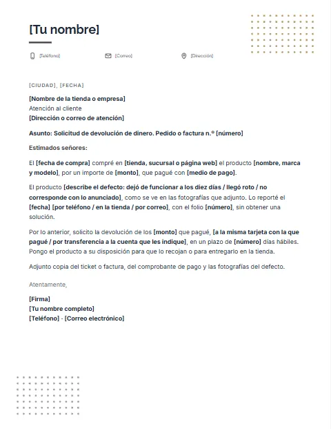 Carta de Solicitud de Devolución de Dinero: diseño Tramas