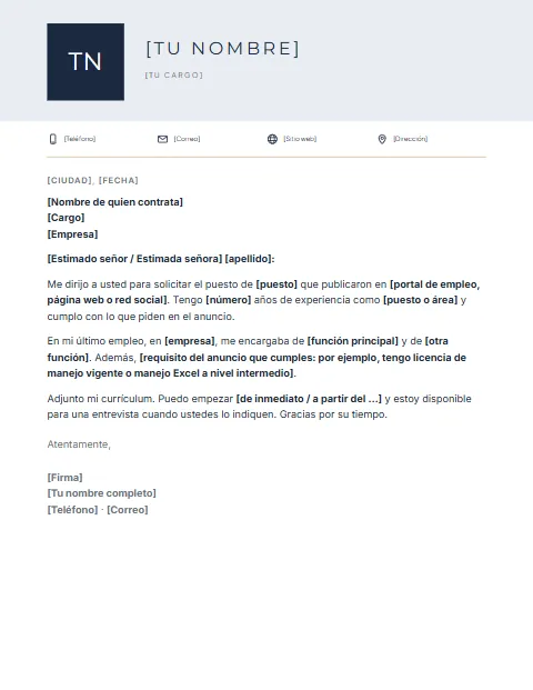 Carta de Solicitud de Empleo: diseño Cabecera con foto