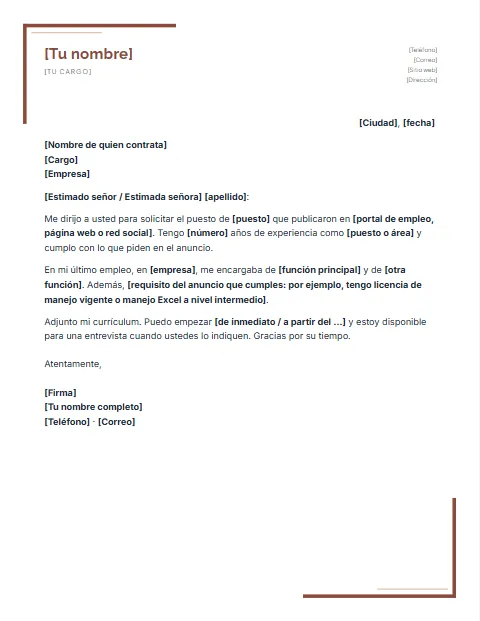 Carta de Solicitud de Empleo: diseño Escuadras
