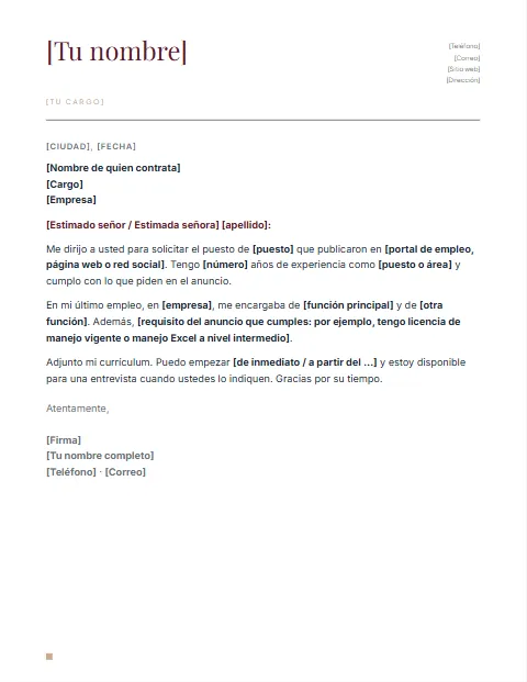 Carta de Solicitud de Empleo: diseño Nombre grande