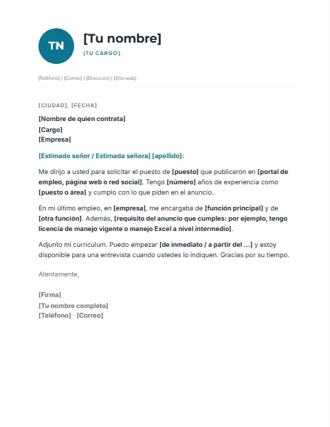 Carta de Solicitud de Empleo: diseño Perfil