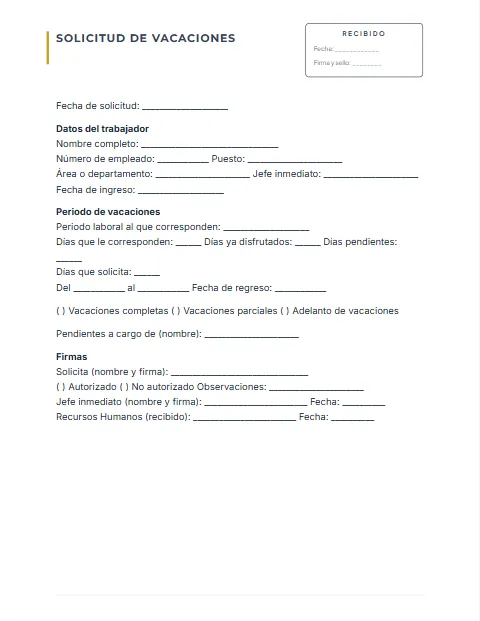 Formato de Solicitud de Vacaciones: diseño Con acuse