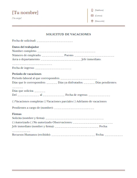 Formato de Solicitud de Vacaciones: diseño Columnas
